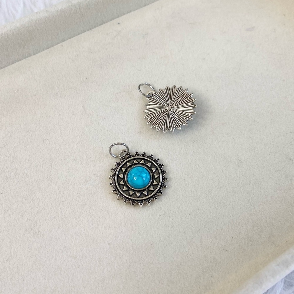 Vintage Turquoise Medallion Charm – Silver Tone Round Pendant